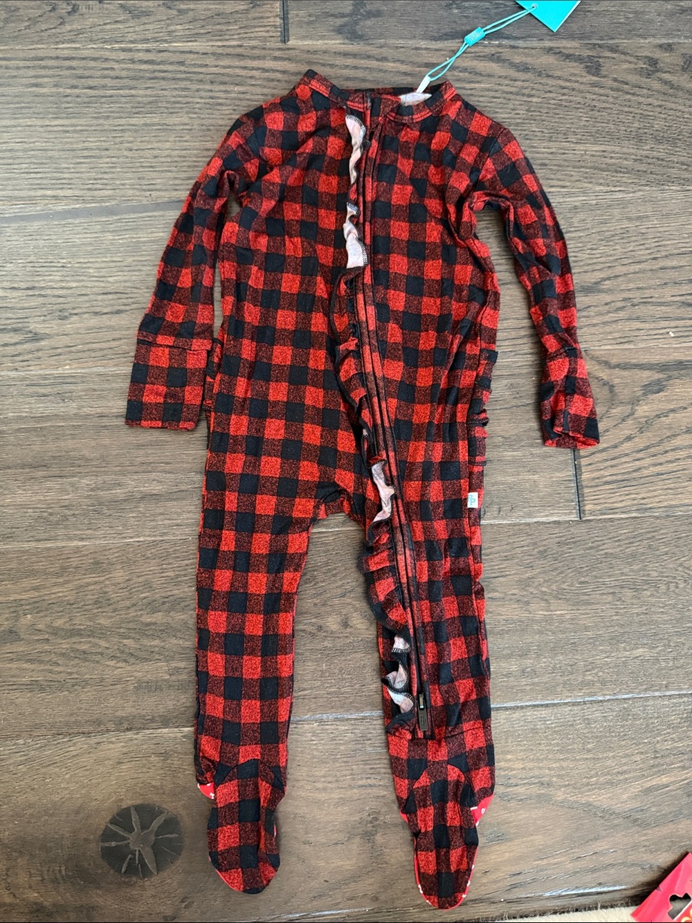 Posh Peanut Red and Black Buffalo Plaid Footed One-Piece